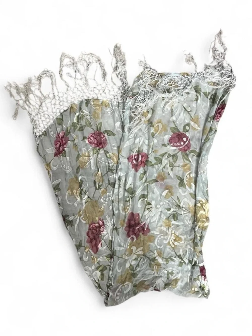 Floral Fringe Scarf in Sage Green and Rose